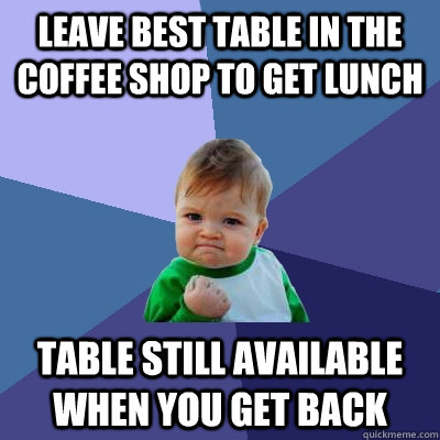 Leave best table in the coffee shop to get lunch  Table still available when you get back - Leave best table in the coffee shop to get lunch  Table still available when you get back  Success Kid