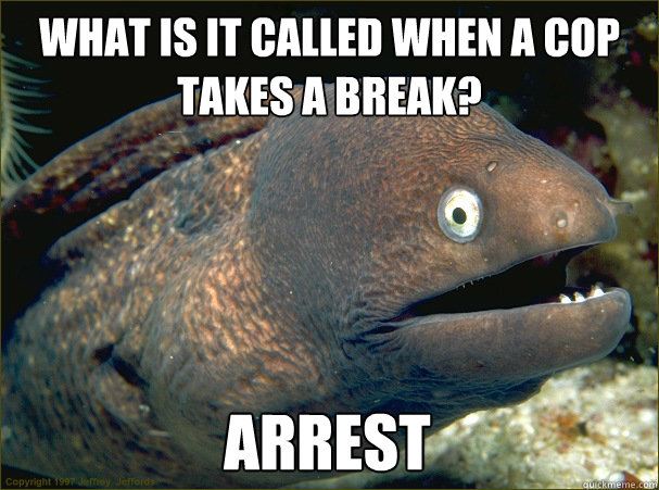 What is it called when a cop takes a break?  Arrest  Bad Joke Eel