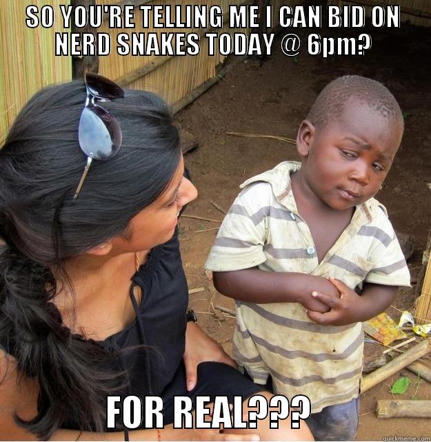 SO YOU'RE TELLING ME I CAN BID ON NERD SNAKES TODAY @ 6PM?                 FOR REAL???                 Skeptical Third World Kid