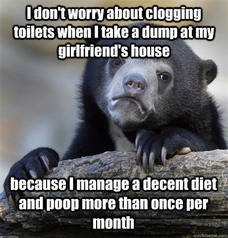 I don't worry about clogging toilets when I take a dump at my girlfriend's house because I manage a decent diet and poop more than once per month  Confession Bear