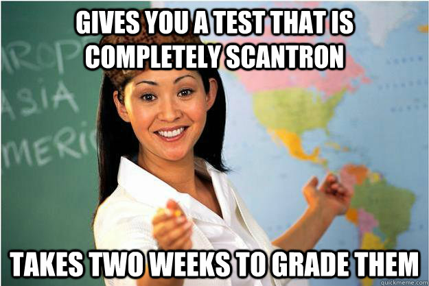 Gives you a test that is completely scantron Takes two weeks to grade them  Scumbag Teacher