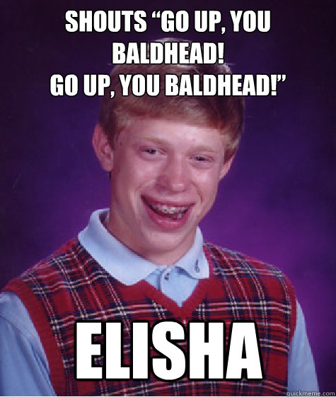 Shouts “Go up, you baldhead! 
Go up, you baldhead!” Elisha  Bad Luck Brian