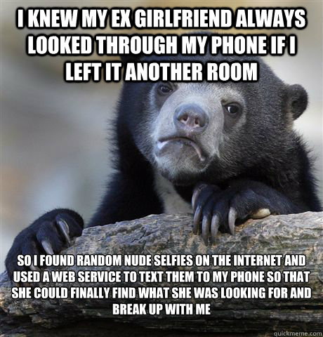 i knew my ex girlfriend always looked through my phone if i left it another room so i found random nude selfies on the internet and used a web service to text them to my phone so that she could finally find what she was looking for and break up with me

  Confession Bear