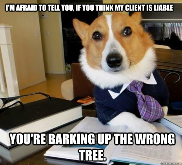 I'm afraid to tell you, if you think my client is liable You're barking up the wrong tree.  Lawyer Dog