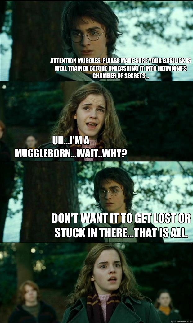 Attention Muggles. Please make sure your basilisk is well trained before unleashing it into Hermione's Chamber of Secrets... Uh...I'm a Muggleborn...wait..why? Don't want it to get lost or stuck in there...that is all.  Horny Harry