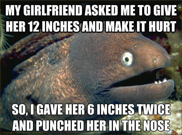 My girlfriend asked me to give her 12 inches and make it hurt So, I gave her 6 inches twice and punched her in the nose  Bad Joke Eel