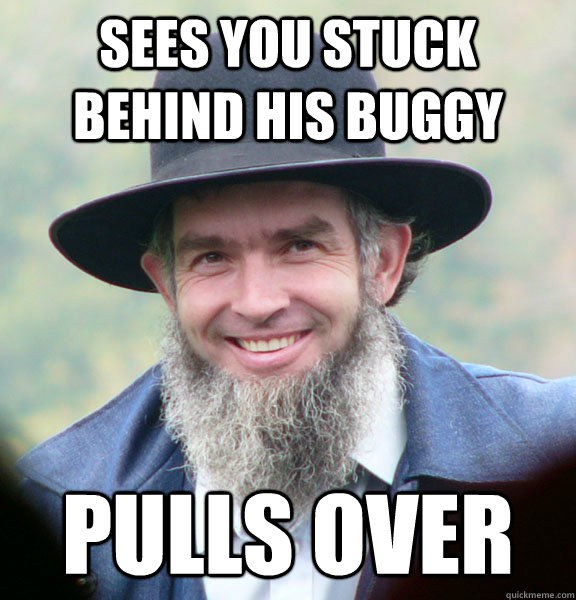 sees you stuck behind his buggy pulls over  Good Guy Amish