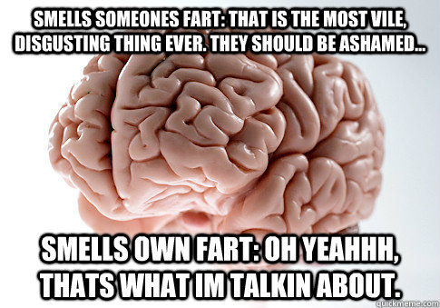 Smells someones fart: That is the most vile, disgusting thing ever. they should be ashamed... smells own fart: Oh yeahhh, thats what im talkin about.  Scumbag Brain