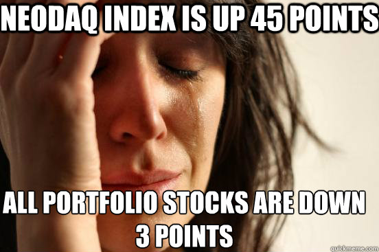 Neodaq Index is up 45 points all portfolio stocks are down 
3 points  First World Problems