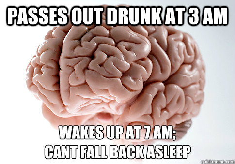 PASSES OUT DRUNK AT 3 AM WAKES UP AT 7 AM; 
CANT FALL BACK ASLEEP   Scumbag Brain