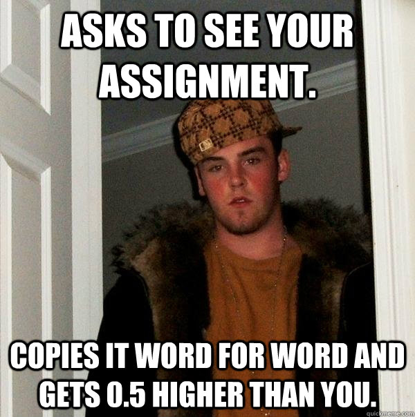 asks to see your assignment. copies it word for word and gets 0.5 higher than you. - asks to see your assignment. copies it word for word and gets 0.5 higher than you.  Scumbag Steve