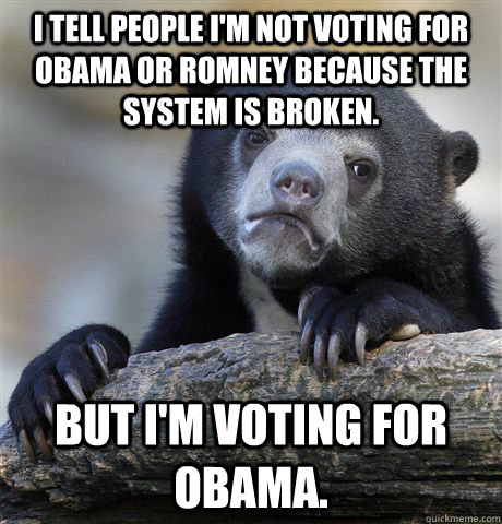 I tell people I'm not voting for Obama or Romney because the system is broken. But I'm voting for Obama.  Confession Bear