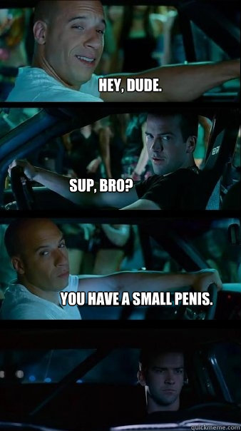 Hey, dude. Sup, bro? You have a small penis. - Hey, dude. Sup, bro? You have a small penis.  Fast and Furious