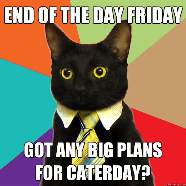 End of the day Friday Got any big plans
for Caterday?  Business Cat