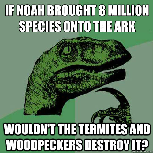 if noah brought 8 million species onto the ark wouldn't the termites and woodpeckers destroy it? - if noah brought 8 million species onto the ark wouldn't the termites and woodpeckers destroy it?  Philosoraptor