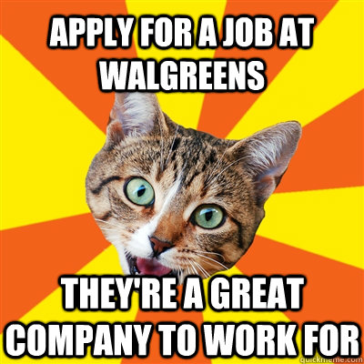 apply for a job at walgreens they're a great company to work for - apply for a job at walgreens they're a great company to work for  Bad Advice Cat