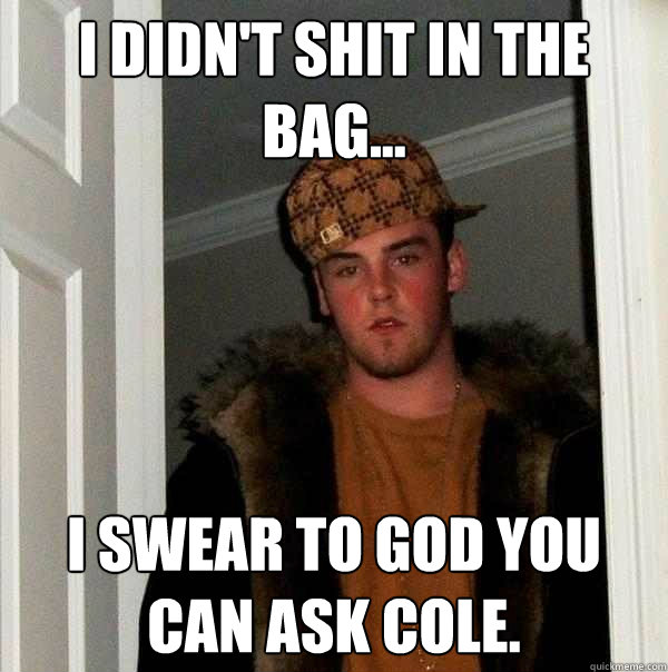 I didn't shit in the bag... i swear to god you can ask cole. - I didn't shit in the bag... i swear to god you can ask cole.  Scumbag Steve