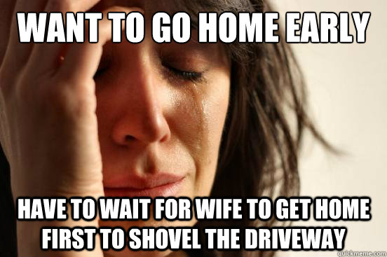 Want to go home early Have to wait for wife to get home first to shovel the driveway  First World Problems