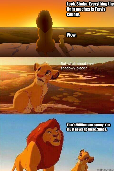 Look, Simba. Everything the light touches is Travis county. Wow. That's Williamson county. You must never go there, Simba.   Lion King Shadowy Place