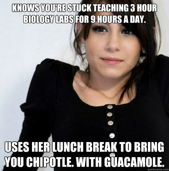 Knows you're stuck teaching 3 hour biology labs for 9 hours a day. Uses her lunch break to bring you Chipotle. With guacamole.  Good Girl Gabby