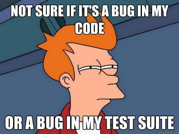 Not sure if it's a bug in my code or a bug in my test suite - Not sure if it's a bug in my code or a bug in my test suite  Futurama Fry