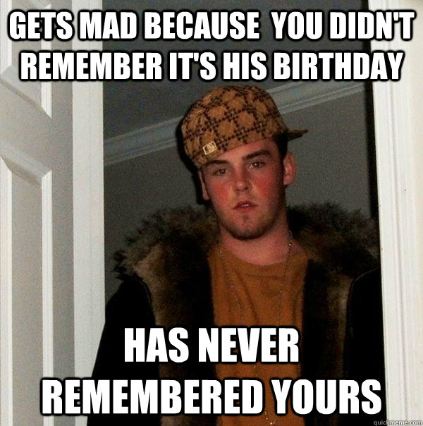 Gets mad because  you didn't remember it's his birthday Has never remembered yours - Gets mad because  you didn't remember it's his birthday Has never remembered yours  Scumbag Steve