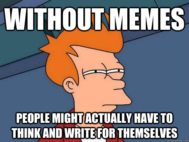 without memes people might actually have to think and write for themselves - without memes people might actually have to think and write for themselves  Futurama Fry