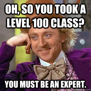 Oh, so you took a level 100 class? You must be an expert. - Oh, so you took a level 100 class? You must be an expert.  Condescending Wonka