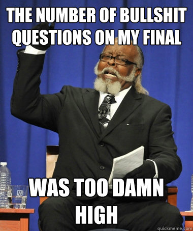 The number of bullshit questions on my final was too damn high  The Rent Is Too Damn High