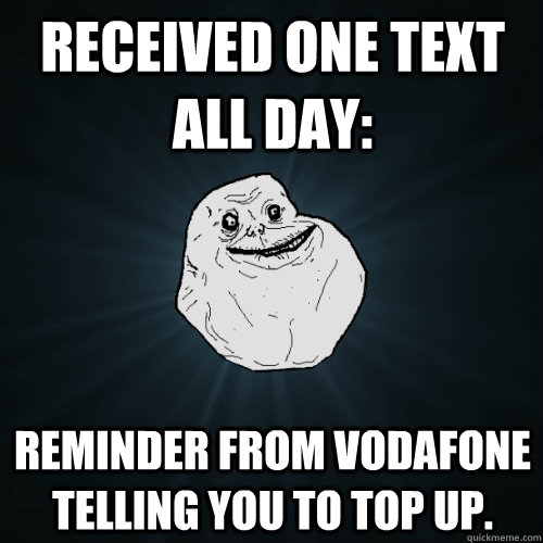 received one text all day: Reminder from Vodafone telling you to top up.  Forever Alone