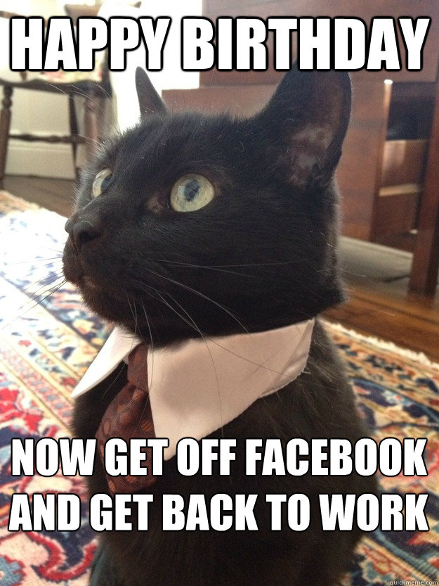 Happy birthday now get off facebook and get back to work
 - Happy birthday now get off facebook and get back to work
  Business Cat