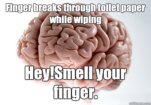 Finger breaks through toilet paper while wiping  Hey!Smell your finger.  Scumbag Brain