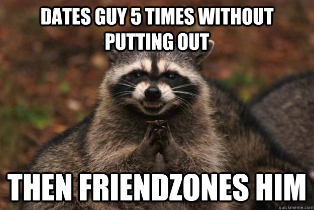 dates guy 5 times without putting out then friendzones him  Evil Plotting Raccoon