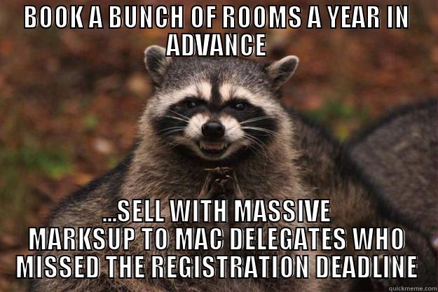 BOOK A BUNCH OF ROOMS A YEAR IN ADVANCE ...SELL WITH MASSIVE MARKSUP TO MAC DELEGATES WHO MISSED THE REGISTRATION DEADLINE Evil Plotting Raccoon