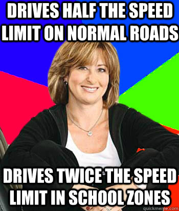 Drives half the speed limit on normal roads Drives twice the speed limit in school zones - Drives half the speed limit on normal roads Drives twice the speed limit in school zones  Sheltering Suburban Mom
