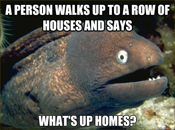 A person walks up to a row of houses and says what's up homes?  Bad Joke Eel