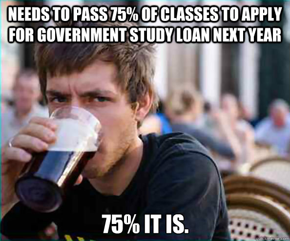 Needs to pass 75% of classes to apply for government study loan next year 75% it is.  Lazy College Senior