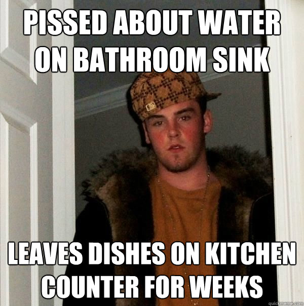 Pissed about water on bathroom sink leaves dishes on kitchen counter for weeks - Pissed about water on bathroom sink leaves dishes on kitchen counter for weeks  Scumbag Roommate