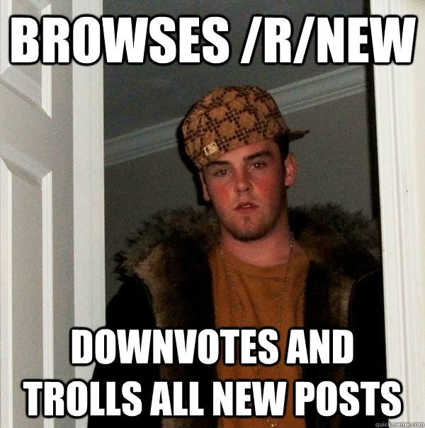 Browses /r/new downvotes and trolls all new posts  Scumbag Steve