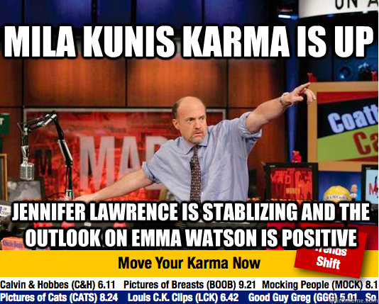 mila kunis karma is UP jennifer lawrence is stablizing and the outlook on emma watson is positive  Mad Karma with Jim Cramer