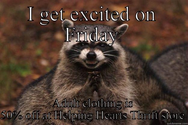 I GET EXCITED ON FRIDAY ADULT CLOTHING IS 50% OFF AT HELPING HEARTS THRIFT STORE Evil Plotting Raccoon