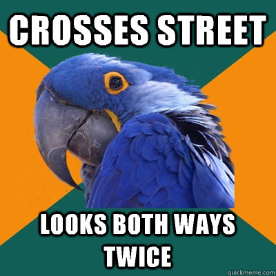 Crosses street Looks both ways twice  Paranoid Parrot