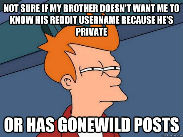 Not sure if my brother doesn't want me to know his reddit username because he's private Or has gonewild posts  Futurama Fry