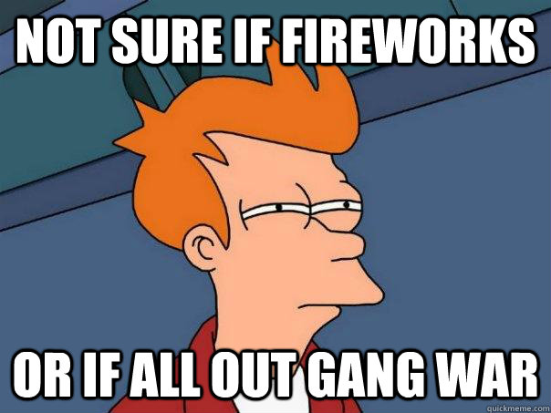 Not sure if fireworks Or if all out gang war  Futurama Fry