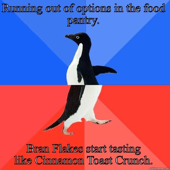 RUNNING OUT OF OPTIONS IN THE FOOD PANTRY. BRAN FLAKES START TASTING LIKE CINNAMON TOAST CRUNCH. Socially Awkward Awesome Penguin