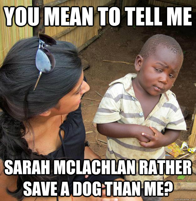 You mean to tell me Sarah McLachlan rather save a dog than me? - You mean to tell me Sarah McLachlan rather save a dog than me?  Skeptical Third World Kid