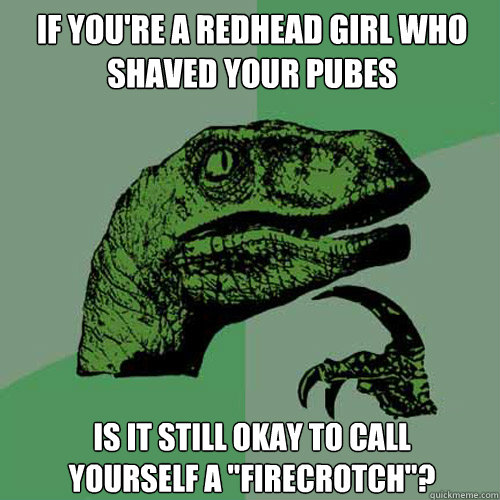 IF YOU'RE A REDHEAD GIRL WHO SHAVED YOUR PUBES IS IT STILL OKAY TO CALL
YOURSELF A 