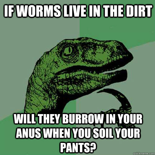 If worms live in the dirt Will they burrow in your anus when you soil your pants?  Philosoraptor