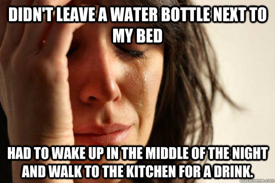 Didn't leave a water bottle next to my bed had to wake up in the middle of the night and walk to the kitchen for a drink.   - Didn't leave a water bottle next to my bed had to wake up in the middle of the night and walk to the kitchen for a drink.    First World Problems