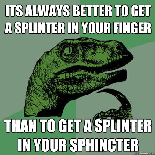 Its always better to get a splinter in your finger Than to get a splinter in your sphincter  Philosoraptor